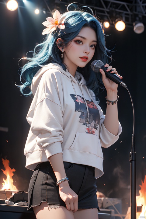  Masterpiece,highest quality,realistic,very fine and fine details,high resolution,8K,
hubg\(haixiaoqiong)\, 1girl, smile,blue hair,hair flower, 
(rock music, microphone, Hoodies, bonfires, stage, lights:1.3),