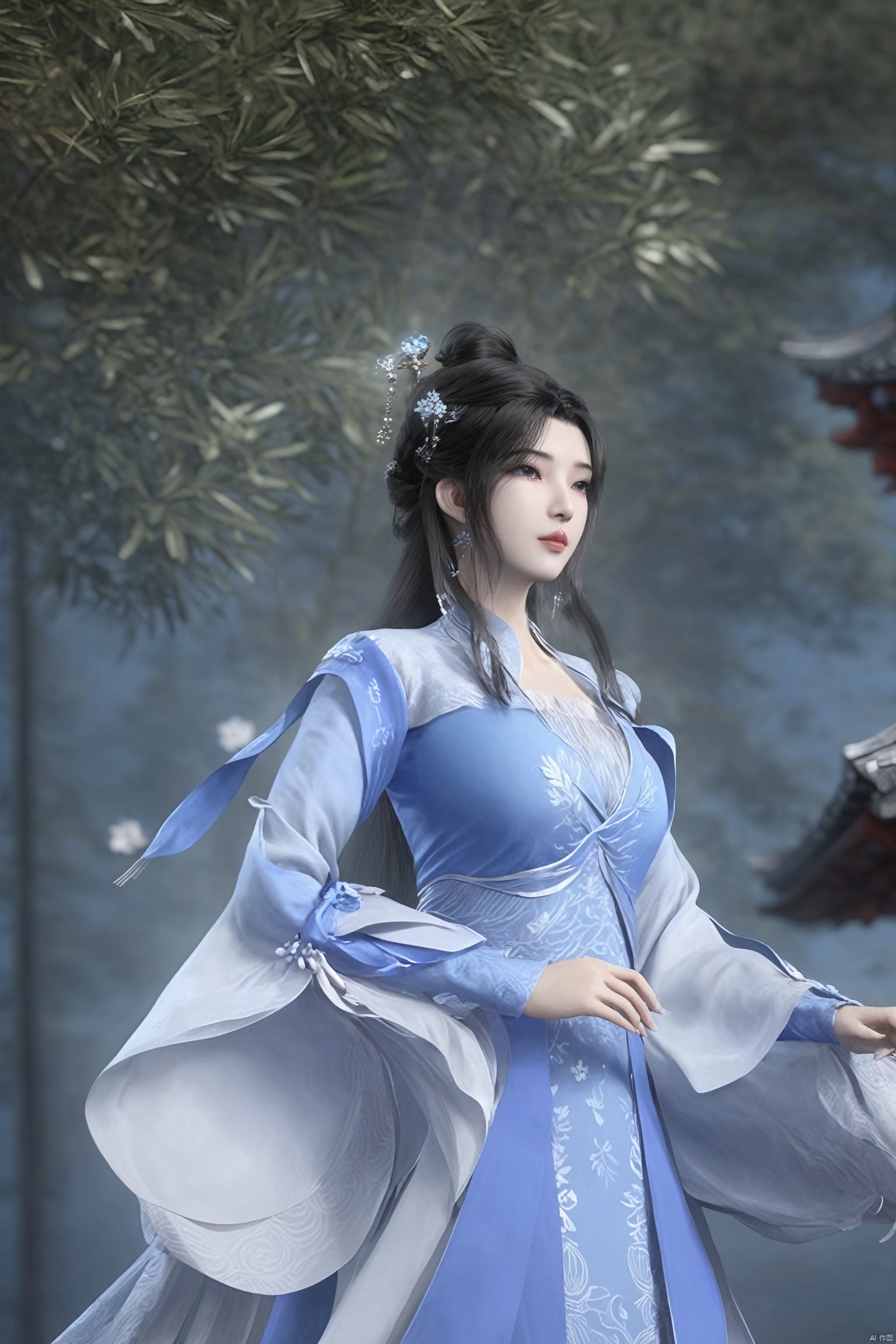 masterpiece, best quality, official art, extremelydetailed cg 8k wallpaper, hubg_lmw,hubggirl, solo, long hair, black hair, hair ornament, dress, hair bun, tree, blue dress, chinese clothes