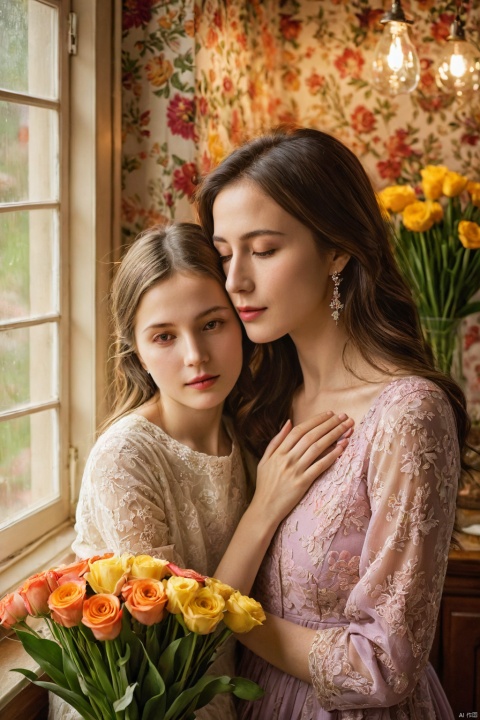 (ultra realistic,best quality),photorealistic,Extremely Realistic, in depth, cinematic light,hubggirl, 

In celebration of Mother's Day, a heartwarming ultra realistic photography depicts a mother and daughter sharing a tender embrace in their cozy home. Their bond radiates love and care, symbolized by the warm colors and gentle atmosphere. A bouquet of flowers rests nearby, symbolizing gratitude and appreciation. Meticulous attention to detail and typography enhances the scene, creating a captivating image that embodies the spirit of family and maternal love.

beautiful colorful background, intricate details, high detailed skin,intricate background, 
raw, analog, taken by Canon EOS,SIGMA Art Lens 35mm F1.4,ISO 200 Shutter Speed 2000,Vivid picture,