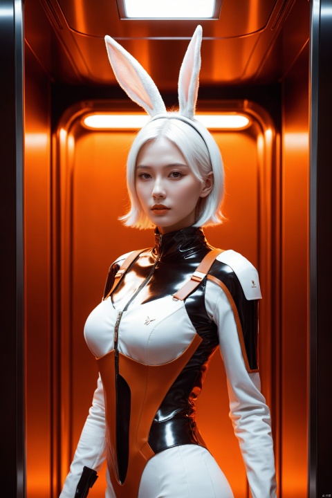  a beautiful female model standing in a space elevator,white hair,rabbit ears,Orange lighting,in the style of realistic hyper-detailed rendering,pseudo-realistic,redscale film,mark henson,nikita veprikov,