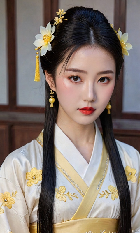 a woman dressed in a traditional Hanfu, She has a dark updo hairstyle adorned with a yellow flower accessory and a tassel, Her makeup is subtle, with emphasis on her eyes and lips, She wears a light-colored Hanfu with intricate embroidery and patterns, The fabric appears to be of high quality, with a sheen that suggests it might be silk or a similar material,