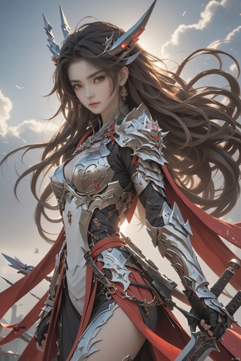  jianjue,wanjianguizong,HUBG_Mecha_Armor,16k,masterpiece,textured skin,multiple swords,embellished costume,Award winning photos, extremely detailed, stunning, intricate details, absurd, highly detailed woman, extremely detailed eyes and face, dazzling red eyes, detailed clothing,ultra long sleeves,dingxianghua,QMSJ,candy-coated,in the style of saturated pigment,bj_Devil_angel, HUBG_Mecha_Armor
