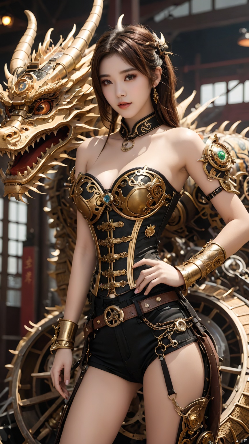  Complex mechanical structure of the Chinese dragon,Steampunk,Machinery Chinese Loong,1girl,breasts,cleavage,fantasy,details,strapless ,Slightly sideways, upper body, above buttocks, looking at the camera,armor,Precision structure,jewelry,lips,looking at viewer,medium breasts,short hair,upper body, HUBG_Beauty_Girl, hubg_jsnh