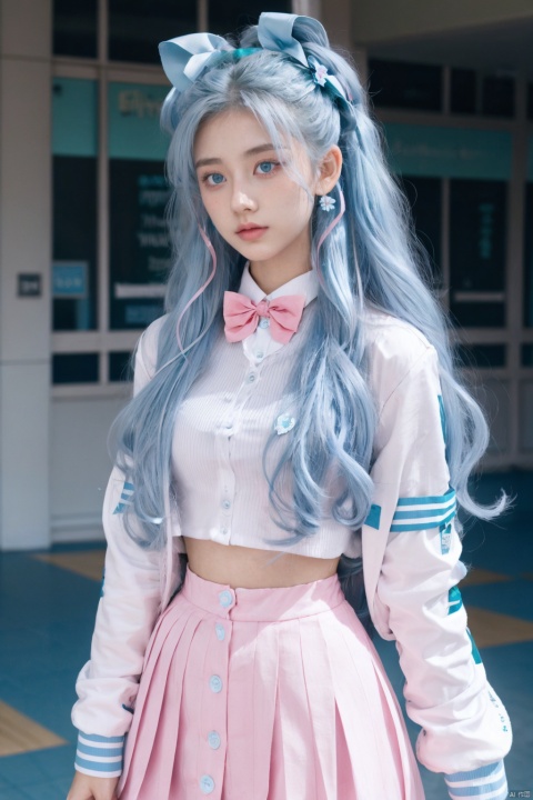 Long hair, light blue hair, pink streaks of hair, space bun hairstyle, flower hairpin, blue eyes, long-sleeve, button-up white shirt, a gray jacket with blue-green stripes, a red bow, dark blue-green pleated skirt, school background, 