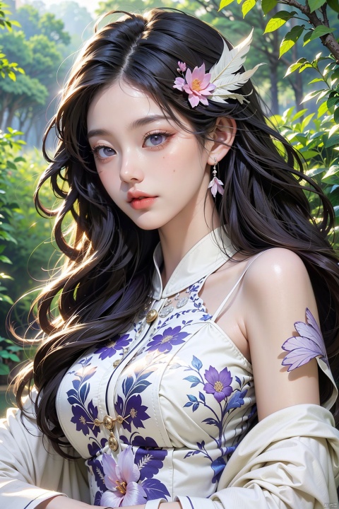 (((masterpiece))), (((best quality))), ((ultra-detailed)), (illustration), ((an extremely delicate and beautiful)),dynamic angle,floating, (beautiful detailed eyes), (detailed light) kafukalike,black eyewear on head,purple hair,purple eyes,feather, leaves, nature, (sunlight), river, (forest),(painting),(sketch),(bloom)