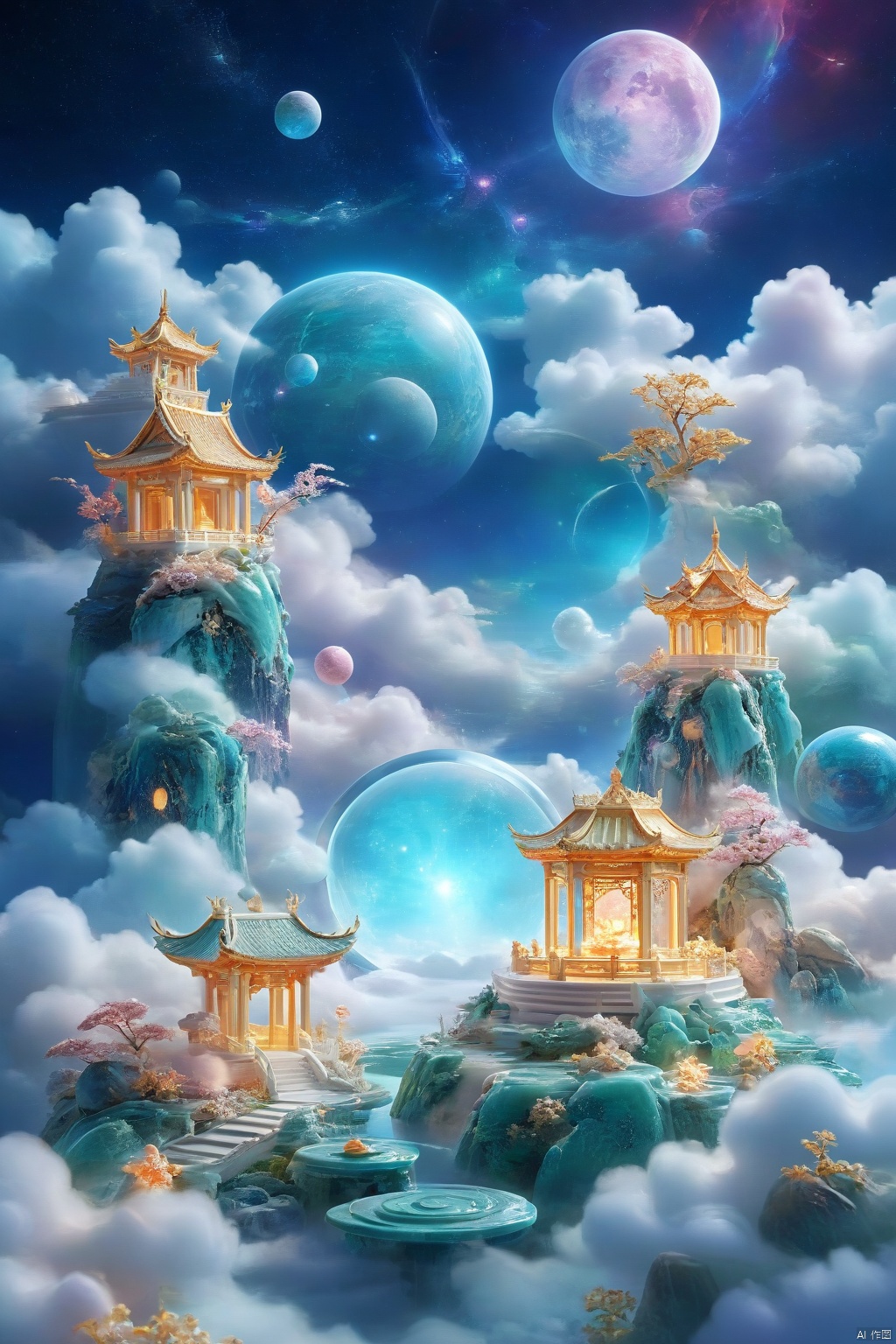 professional 3d model,anime artwork pixar,3d style,good shine,OC rendering,highly detailed,volumetric,dramatic lighting,3d\(hubgstyle)\,
HUBG_Chinese_Jade,
a round podium on the ground in the middle,clouds,starry sky,planets in the sky,glowing beam in the background,beautiful colorful background,very beautiful,masterpiece,best quality,super detail,anime style,key visual,vibrant,studio anime, 