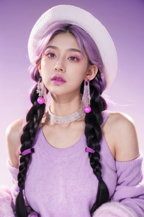  1 girl, long white hair, hat, jewelry, shut up, purple eyes, upper body, purple hair, braids, multi-colored hair, earrings, double braids, sweater, lips, gradient, gradient background, eyelashes, makeup, pink background, portrait, shoulder hair, real, red lips, 