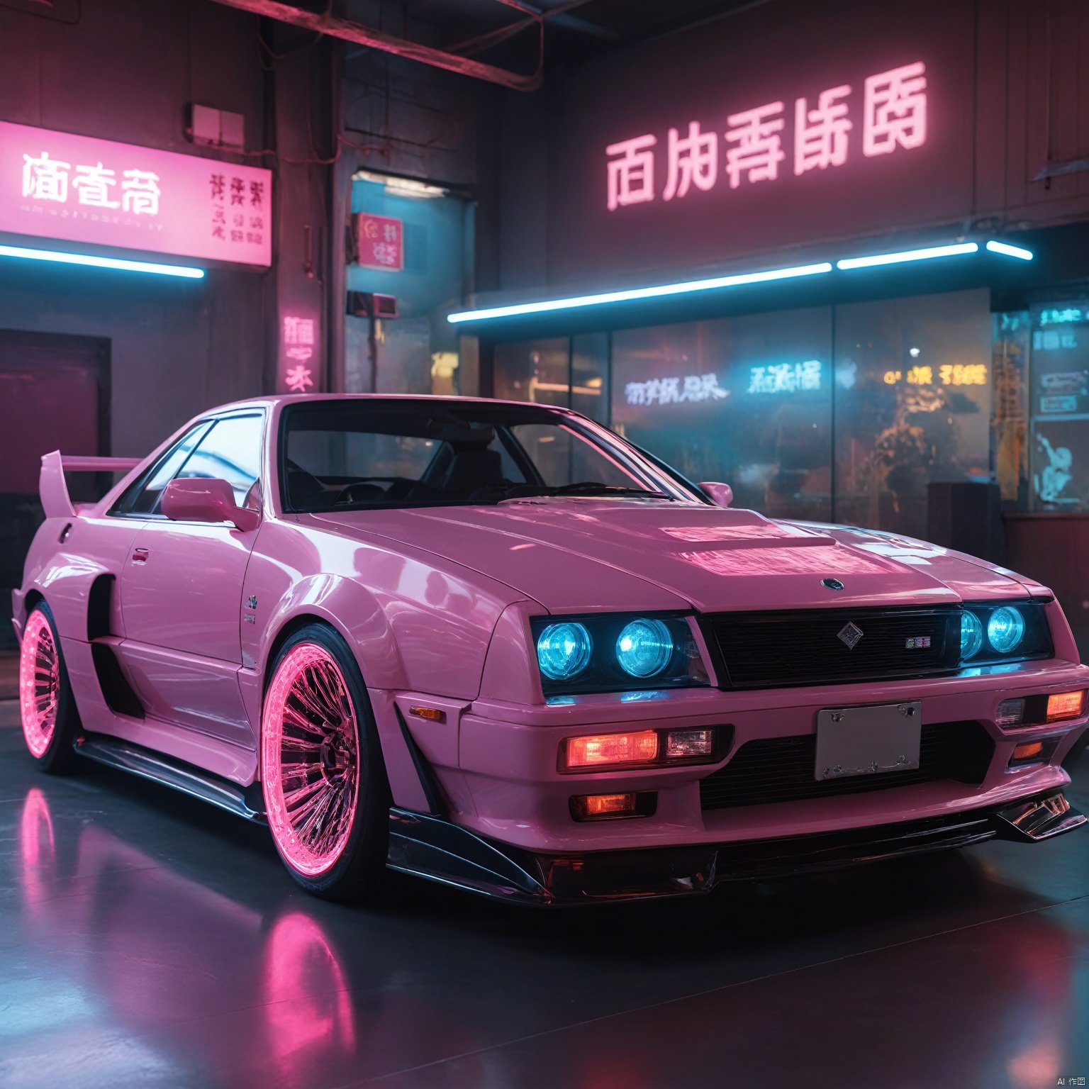  ultra highres, masterpiece, best quality, , car, from side, , cyberpunk, neon lights, pink theme, indoors, transparent, HUBG_Chinese_Jade