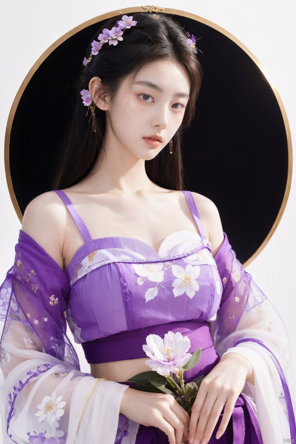 1girl,in the style of large scale painting, in the styleofJames Jean, Zihuang, Xu Beihong, FrankThorne,lovely and dreamy, serene faces,lively pictures, screen printing, floral still life.romanticillustrations,purple vellow. whitebackground,minimalistic.line.uhd.8K