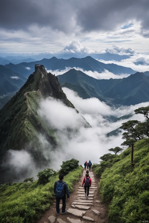 At Wugong Mountain, clouds envelop peaks as throngs of visitors traverse its paths. Amidst mist and bustling crowds, nature's majesty unfolds, a testament to the mountain's allure and the human spirit's quest for adventure.