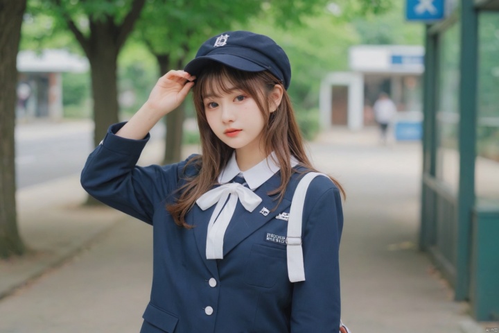  jastyle,1 girl,Official art, shcool Uniform 8k quality, Super Detail, holding hat, HUBG_Beauty_Girl,