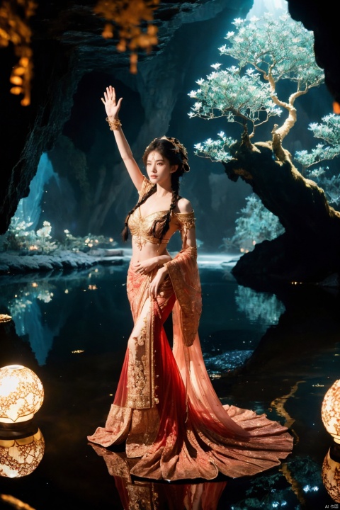 Picture a graceful woman in a vibrant red dress with golden embroidery, reminiscent of traditional Asian fashion. She stands in a magnificent cave, its interior lit by a constellation of bioluminescent speckles. The cave walls are a tapestry of dark, luscious blues and greens, shimmering with natural light. In her hand, she holds a large, ornate fan matching her dress, unfurled to reveal a detailed design that adds to her commanding presence. Her other hand is raised gently towards the sky, as if interacting with the mystical light around her. Her hair is styled up with braids and natural accessories, and her pose is one of empowerment and awe as she gazes upwards. The floor of the cave is mirrored by a still pool of water, reflecting the enchantment of the scene, best quality, ultra highres, original, extremely detailed, perfect lighting
