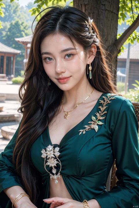 21yo girl, solo, looking at viewer, smile, Gold-Trim Jewelry, long earrings, bow Hair ornament, Agate Necklace, emerald bracelet, Diamonds, onyx, enamel, HDR, Vibrant colors, surreal photography, highly detailed, masterpiece, ultra high res, high contrast, mysterious, cinematic, fantasy, bright natural light, wangyushan, eyeglasses, 