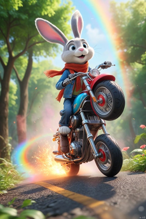  professional 3d model,anime artwork pixar,3d style,good shine,OC rendering,highly detailed,volumetric,dramatic lighting,furry,cute,(a bunny riding a motorcycle:1.1),rabbit,solo,(motor vehicle:1.2),riding,scarf,running on the rainbow,tree,extreme perspective,looking up at the camera,rainbow,fire spray,speed,humorous,beautiful colorful background,very beautiful,masterpiece,best quality,super detail,anime style,key visual,vibrant,studio anime