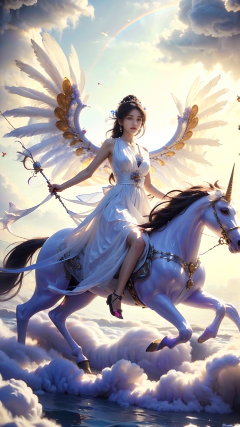  A girl with angelic features is riding a giant unicorn, strolling on clouds filled with colorful flowers. She wears a white dress and her golden hair shines in the sunlight. Her wings gently flutter behind her. The unicorn's mane is as colorful as a rainbow, and its eyes sparkle with wisdom. The surrounding clouds are as soft as cotton candy, and the flowers are of various colors, ranging from red, orange, yellow, green, blue, indigo to purple. High definition image of fantasy art featuring a beautiful angelic girl riding a giant unicorn among colorful flowers and clouds. Magical, dreamy, surreal, whimsical, enchanting, mystical, vibrant, full of life, photorealistic painting by Greg Rutkowski and Alphonse Mucha., HUBG_Beauty_Girl