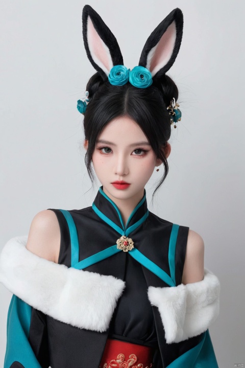  Illustration, digital art, anime style, hubggirl, red eyes, black hair, hair bun with accessories, traditional East Asian attire, rabbit ears headpiece, black and teal clothing, cloud pattern on garment, mystical, two black rabbits, one on shoulder and one in foreground, pale skin, blush on cheeks, serious expression, white background, portrait, upper body shot, artful composition, detailed line art, vibrant color contrast., HUBG_Beauty_Girl, hubg_beauty_girl