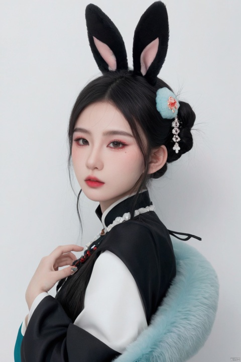  Illustration, digital art, anime style, hubggirl, red eyes, black hair, hair bun with accessories, traditional East Asian attire, rabbit ears headpiece, black and teal clothing, cloud pattern on garment, mystical, two black rabbits, one on shoulder and one in foreground, pale skin, blush on cheeks, serious expression, white background, portrait, upper body shot, artful composition, detailed line art, vibrant color contrast., HUBG_Beauty_Girl, hubg_beauty_girl