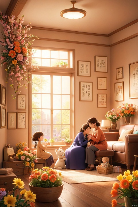  professional 3d model,anime artwork pixar,3d style,good shine,OC rendering,highly detailed,volumetric,dramatic lighting,

In celebration of Mother's Day, a heartwarming 3D rendering depicts a mother and daughter sharing a tender embrace in their cozy home. Their bond radiates love and care, symbolized by the warm colors and gentle atmosphere. A bouquet of flowers rests nearby, symbolizing gratitude and appreciation. Meticulous attention to detail and typography enhances the scene, creating a captivating image that embodies the spirit of family and maternal love.

beautiful colorful background,very beautiful,masterpiece,best quality,super detail,anime style,key visual,vibrant,studio anime
