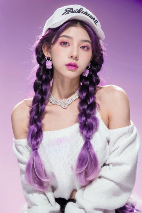  1 girl, long white hair, hat, jewelry, shut up, purple eyes, upper body, purple hair, braids, multi-colored hair, earrings, double braids, sweater, lips, gradient, gradient background, eyelashes, makeup, pink background, portrait, shoulder hair, real, red lips, 