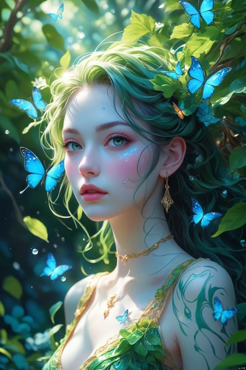  portrait of a beautiful 21yo hubggirl, seductive, shadow,long swirling green hair, lavish green leaves, falling blue flowers, celestial lighting, butterflies, tree branches, sky, golden glowing, water drops,best quality, masterpiece, high res, absurd res,perfect lighting, vibrant colors, intricate details,high detailed skin, pale skin,