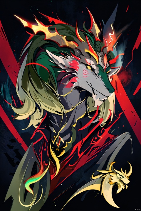  dragon king,black eyes,long ears,green long beard,face markings,chest logo,brown yellow corners,dark green hair,dark red coat,dark red light painting,blue gray background