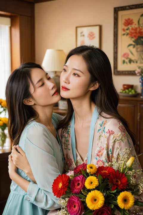  (ultra realistic,best quality),photorealistic,Extremely Realistic, in depth, cinematic light,hubggirl, 

In celebration of Mother's Day, a heartwarming ultra realistic photography depicts a chinese mother and daughter sharing a tender embrace in their cozy home. Their bond radiates love and care, symbolized by the warm colors and gentle atmosphere. A bouquet of flowers rests nearby, symbolizing gratitude and appreciation. Meticulous attention to detail and typography enhances the scene, creating a captivating image that embodies the spirit of family and maternal love.

beautiful colorful background, intricate details, high detailed skin,intricate background, 
raw, analog, taken by Canon EOS,SIGMA Art Lens 35mm F1.4,ISO 200 Shutter Speed 2000,Vivid picture,