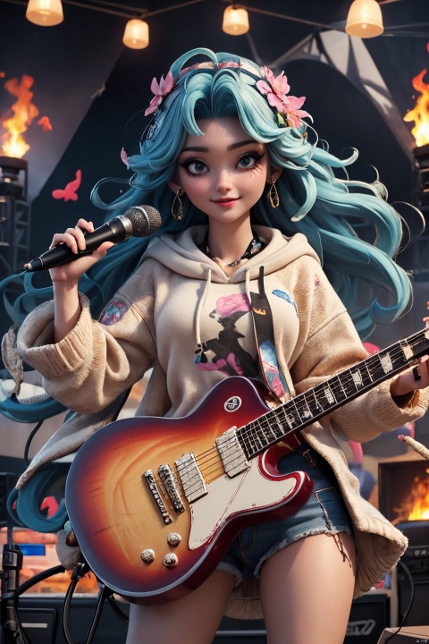  Masterpiece,highest quality,realistic,very fine and fine details,high resolution,8K,
hubg\(haixiaoqiong)\, 1girl, smile,blue hair,hair flower, 
(rock music, microphone, Hoodies, bonfires, stage, lights:1.3), HUBG_Film_Texture, HUBG_Rococo_Style(loanword)