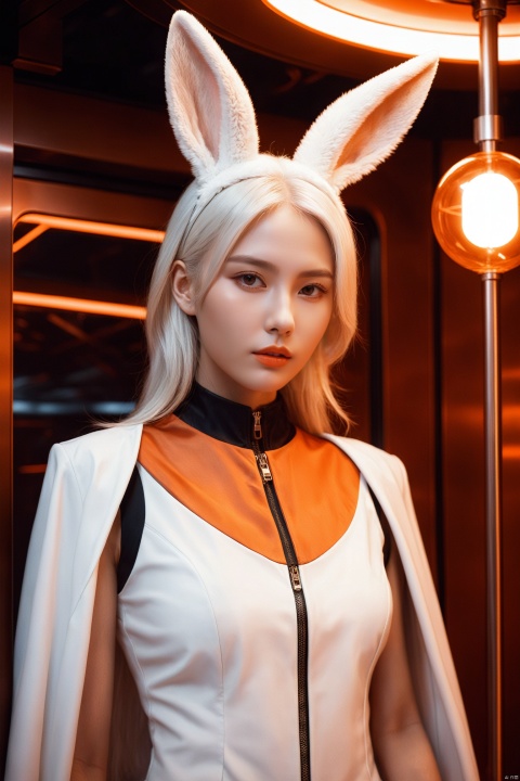  a beautiful female model standing in a space elevator,white hair,rabbit ears,Orange lighting,in the style of realistic hyper-detailed rendering,pseudo-realistic,redscale film,mark henson,nikita veprikov,