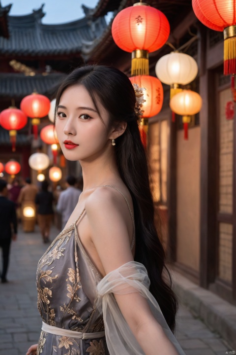 (ultra realistic,best quality),photorealistic,Extremely Realistic, in depth, cinematic light,hubggirl,

26yo girl, long flowing black hair, wearing an elegant evening gown, standing in an ancient Chinese town during a lantern festival, surrounded by softly glowing lanterns and historic architecture, looking back over her shoulder with a serene expression, the atmosphere is mystical and poetic, capturing the essence of the verse "众里寻他千百度,蓦然回首,那人却在,灯火阑珊处。",

dynamic poses,particle effects,
perfect hands,perfect lighting,vibrant colors,
intricate details,high detailed skin,intricate background,
realism,raw,analog,taken by Sony Alpha 7R IV,Zeiss Otus 85mm F1.4,ISO 100 Shutter Speed 1/400,
