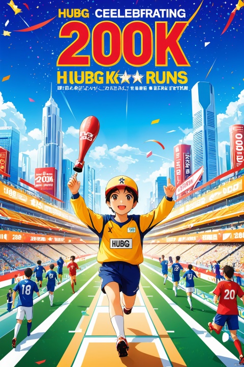  Creative illustrated poster, (title of the poster “HUBG Celebrating 200K Runs” :1.45). Meticulous attention to detail and typography beautifully illustrated poster. Beautiful colorful background, very nice, masterpiece, best quality, super detail, anime style, key visual, vibrant, 
best quality, masterpiece,