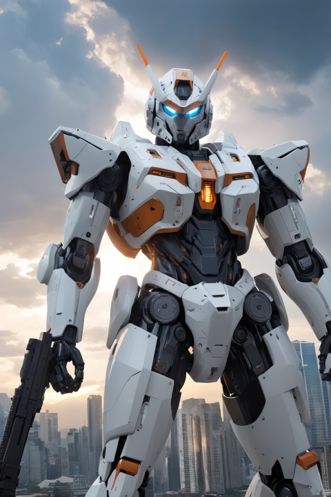  (masterpiece, best quality:1.2), Giant mecha, Vital Suits , building, city, city lights, cityscape, cloud, cloudy sky, destruction, evening, glowing, Luminous mecha, Complex mecha structure, White, orange, and black mecha, Strong mecha body, Multi light source mecha, Giant mecha firearms, full body, Super complex mechanical structure, holding gun, mecha, mountain, no humans, outdoors, power armor, realistic, ruins, science fiction, sky, skyline, skyscraper, smoke, weapon,