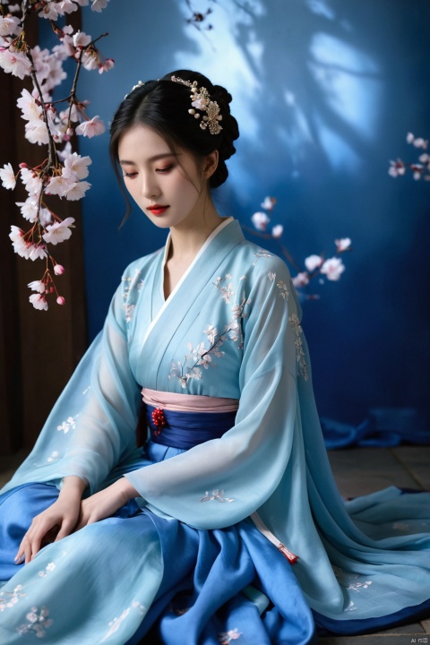 (ultra realistic,best quality),photorealistic,Extremely Realistic, in depth, cinematic light,hubggirl,a woman in a blue period dress sitting on the ground,traditional attire,hanfu,cherry blossoms,serene expression,seated pose,ethereal lighting,black background,flowing fabric,reflective surface,high contrast,gentle gaze,soft makeup,pastel colors,blurred petals falling,cultural,fantasy ambiance,elegance,grace,historical costume,fabric draping,photoshoot,artistic composition,side lighting,blue gradient dress,tranquil atmosphere,delicate accessories,hair ornaments.,dynamic poses, particle effects,perfect hands, perfect lighting, vibrant colors, surreal dramatic lighting shadow (lofi, analog), intricate details, high detailed skin,intricate background, realism, realistic, raw, analog, taken by Canon EOS,SIGMA Art Lens 35mm F1.4,ISO 200 Shutter Speed 2000,Vivid picture,