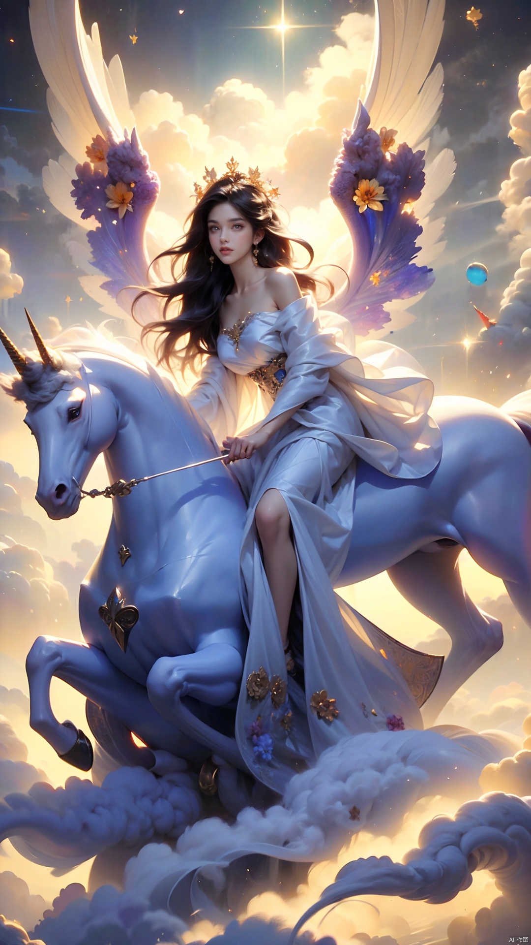  A girl with angelic features is riding a giant unicorn, strolling on clouds filled with colorful flowers. She wears a white dress and her golden hair shines in the sunlight. Her wings gently flutter behind her. The unicorn's mane is as colorful as a rainbow, and its eyes sparkle with wisdom. The surrounding clouds are as soft as cotton candy, and the flowers are of various colors, ranging from red, orange, yellow, green, blue, indigo to purple. High definition image of fantasy art featuring a beautiful angelic girl riding a giant unicorn among colorful flowers and clouds. Magical, dreamy, surreal, whimsical, enchanting, mystical, vibrant, full of life, photorealistic painting by Greg Rutkowski and Alphonse Mucha., HUBG_Beauty_Girl