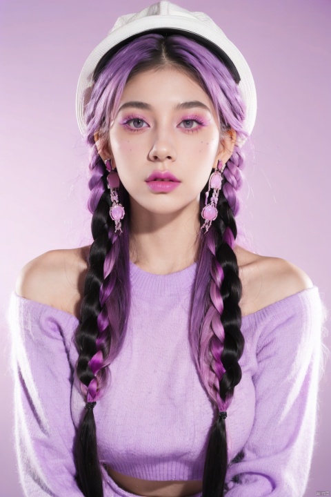  1 girl, long white hair, hat, jewelry, shut up, purple eyes, upper body, purple hair, braids, multi-colored hair, earrings, double braids, sweater, lips, gradient, gradient background, eyelashes, makeup, pink background, portrait, shoulder hair, real, red lips, 