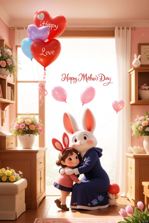  professional 3d model,anime artwork pixar,3d style,good shine,OC rendering,highly detailed,volumetric,dramatic lighting,

For Mother's Day, an elegant mother bunny lovingly embraces her adorable daughter bunny in a cozy home. They're surrounded by warmth and love, symbolized by delicate flowers and heartwarming gestures. The little bunny holds a heart-shaped balloon with "Happy Mother's Day" written in elegant fonts, adding sweetness to the scene. Meticulous attention to detail and typography make it a captivating illustration of family love and maternal care.

beautiful colorful background,very beautiful,masterpiece,best quality,super detail,anime style,key visual,vibrant,studio anime