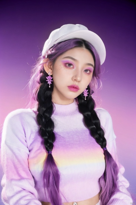 1 girl, long white hair, hat, jewelry, shut up, purple eyes, upper body, purple hair, braids, multi-colored hair, earrings, double braids, sweater, lips, gradient, gradient background, eyelashes, makeup, pink background, portrait, shoulder hair, real, red lips