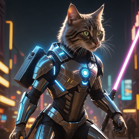  cyberpunk style cat wielding a lightsaber in each paw,highly detailed fur,neon-lit sci-fi castle background from Star Wars,reflective metallic surfaces,(best quality,4k,8k,highres,masterpiece:1.2),ultra-detailed,(realistic,photorealistic,photo-realistic:1.37),vibrant neon colors,dynamic pose,action-packed,energetic atmosphere,shiny cybernetic enhancements,futuristic armor,glowing eyes,sharp claws,detailed sci-fi textures,atmospheric lighting,stars twinkling in the night sky,neon signs,advanced technology gadgets,cybernetic implants,dual-wielding combat stance