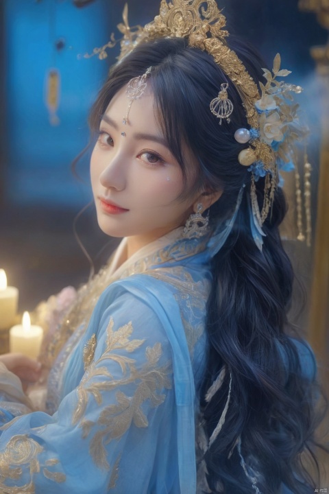  HUBG_Rococo_Style(loanword), 1girl, hanfu, Portrait of noble and graceful goddess, dressed in blue and gold, elaborate coiffure hairstyle, dark hair, decoration, 16K, UHD, HDR, Brilliant scene with bright lights, mist, numerous decorations, joyful atmosphere, light smile,HDR, IMAX, 8K resolutions, ultra resolutions, magnificent, best quality, masterpiece,cinematic scenes, cinematic shots, cinematic lighting, volumetric lighting, ultra-detailed,