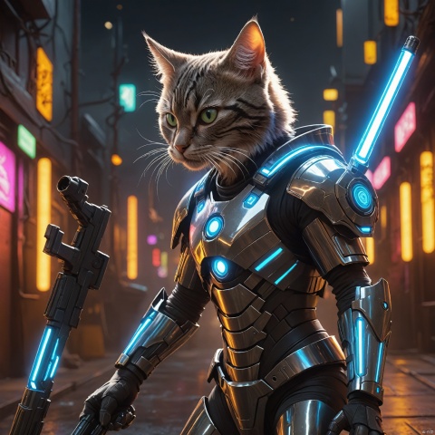  cyberpunk style cat wielding a lightsaber in each paw,highly detailed fur,neon-lit sci-fi castle background from Star Wars,reflective metallic surfaces,(best quality,4k,8k,highres,masterpiece:1.2),ultra-detailed,(realistic,photorealistic,photo-realistic:1.37),vibrant neon colors,dynamic pose,action-packed,energetic atmosphere,shiny cybernetic enhancements,futuristic armor,glowing eyes,sharp claws,detailed sci-fi textures,atmospheric lighting,stars twinkling in the night sky,neon signs,advanced technology gadgets,cybernetic implants,dual-wielding combat stance