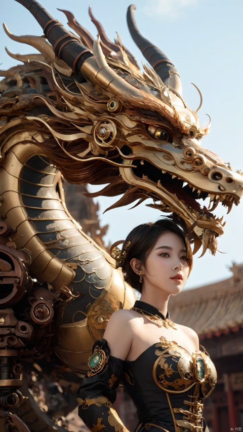  Complex mechanical structure of the Chinese dragon,Steampunk,Machinery Chinese Loong,1girl,breasts,cleavage,fantasy,details,strapless ,Slightly sideways, upper body, above buttocks, looking at the camera,armor,Precision structure,jewelry,lips,looking at viewer,medium breasts,short hair,upper body, HUBG_Beauty_Girl, hubg_jsnh