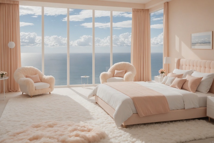  PeachFuzz\(hubg style)\,
a bedroom with fluffy white furniture and a large window overlooking the ocean and clouds in the sky
with a fluffy fluffy carpet