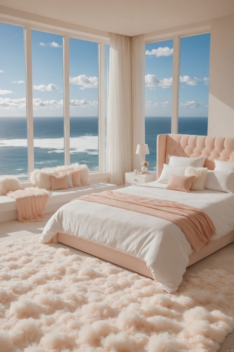  PeachFuzz\(hubg style)\,
a bedroom with fluffy white furniture and a large window overlooking the ocean and clouds in the sky
with a fluffy fluffy carpet