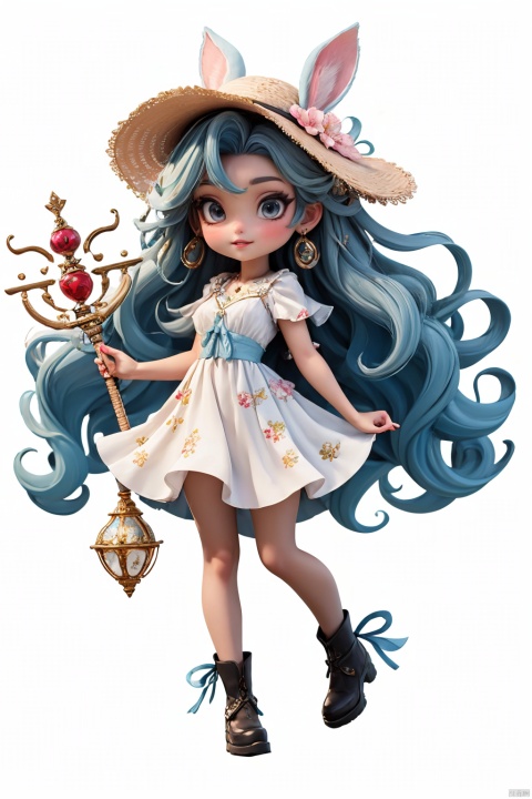 (best quality), ((masterpiece)), (highres), illustration, original, extremely detailed wallpaper. hubg\(haixiaoqiong)\,  1girl, dress, long hair, white background, bangs, pantyhose, full body, holding, looking at viewer, white footwear, long sleeves, standing, blue dress, simple background, solo, snowflake print, white cape, cape, black pantyhose, blush, grey hair, parted lips, blue hair, hat, staff, flower, boots, hair ornament, rabbit, clothed animal, very long hair, holding staff, fur trim
