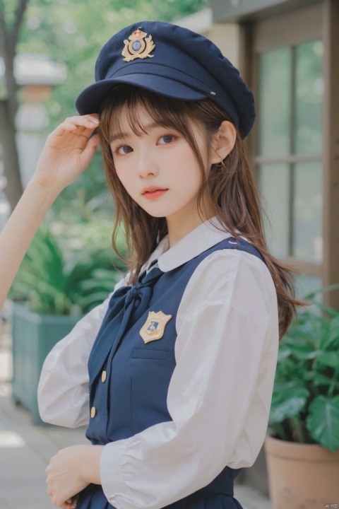  jastyle,1 girl,Official art, Uniform 8k quality, Super Detail, holding hat, HUBG_Beauty_Girl