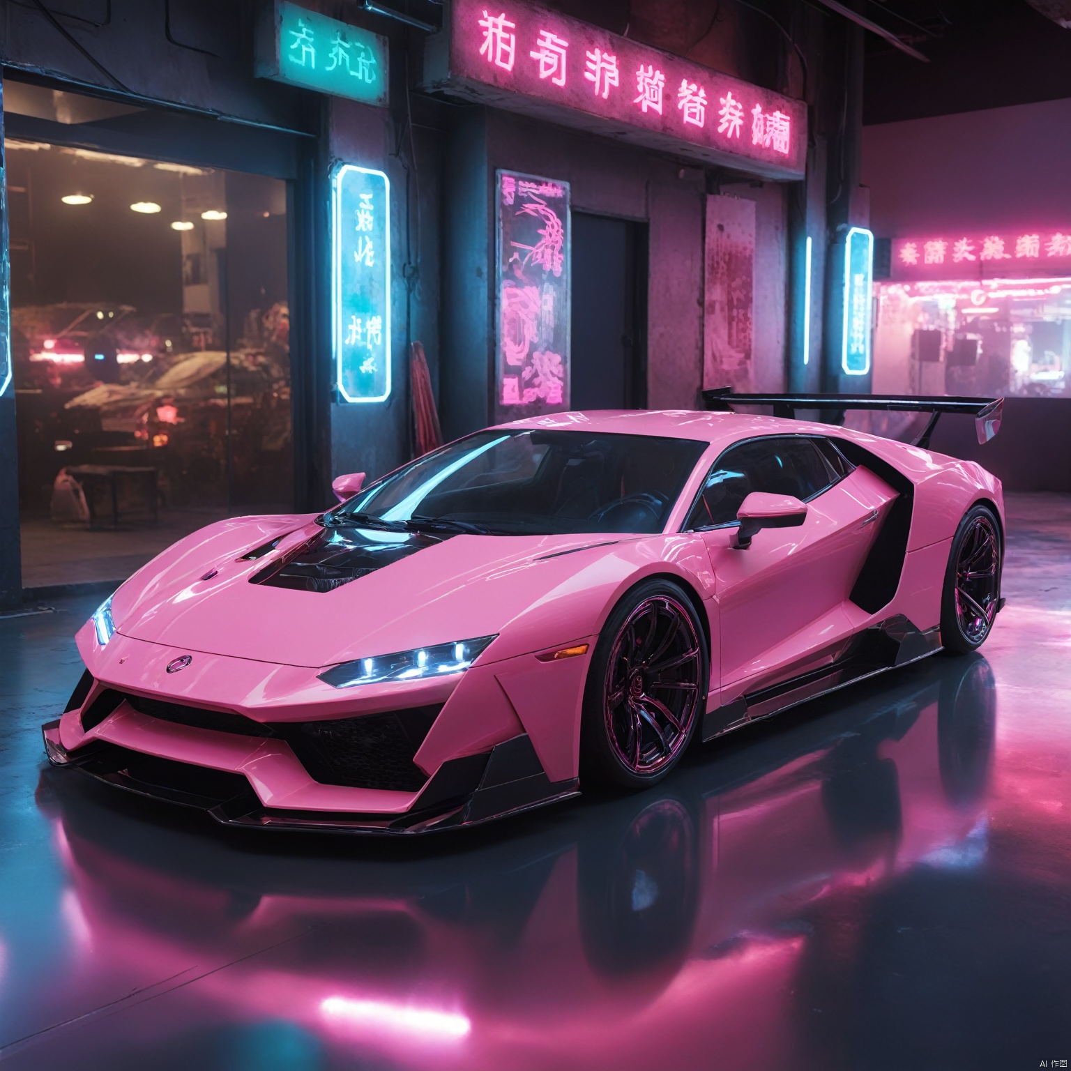  ultra highres, masterpiece, best quality, , car, from side, , cyberpunk, neon lights, pink theme, indoors, transparent, HUBG_Chinese_Jade