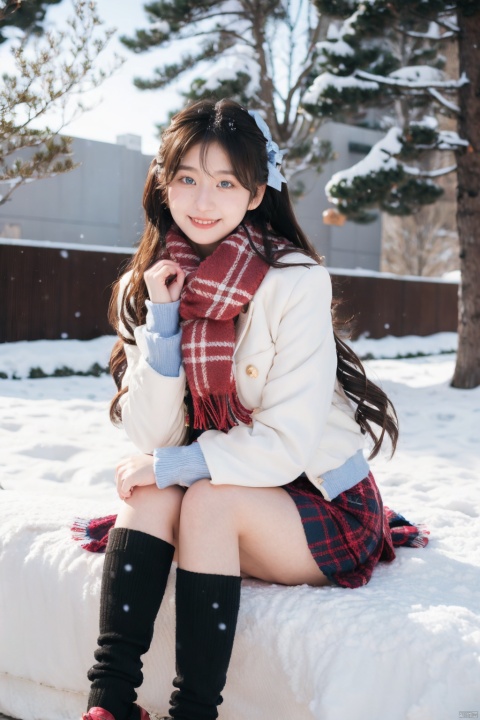 1girl, solo, long hair, looking at viewer, close_up, blush, smile, bangs, blue eyes, skirt, shirt, long sleeves, holding, hair between eyes, sitting, very long hair, jacket, full body, white shirt, braid, pleated skirt, outdoors, open clothes, shoes, day, socks, scarf, grin, sweater, open jacket, tree, blue skirt, plaid, kneehighs, plaid skirt, wariza, brown footwear, stuffed toy, white jacket, cardigan, stuffed animal, black socks, loafers, snow, red scarf, snowing, winter, fringe trim, plaid scarf