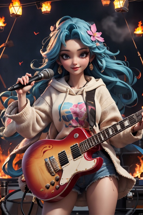  Masterpiece,highest quality,realistic,very fine and fine details,high resolution,8K,
hubg\(haixiaoqiong)\, 1girl, smile,blue hair,hair flower, 
(rock music, microphone, Hoodies, bonfires, stage, lights:1.3), HUBG_Film_Texture, HUBG_Rococo_Style(loanword)