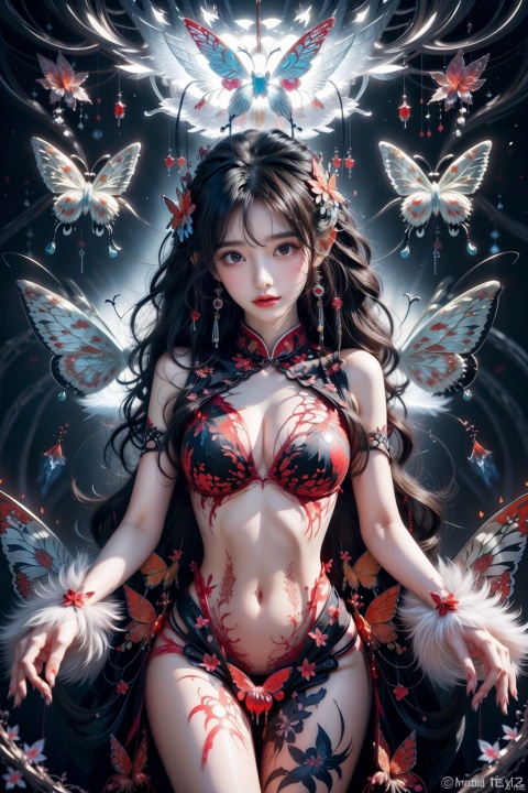 (Good structure), 21yo girl, hanfu,HUBG_Rococo_Style(loanword), 
blood angel,{chains, time reversal}, tattoo, time-lapse photography, (ghost, Subtle female silhouette(Feathered butterfly body, collapse body, erosion edges):1.5)

(fractal art:1.4),scarlet eyes,{alluring makeup, (crimson lips, lips parted, grin)}, HUBG_Beauty_Girl,

(Surrealism painting(Surreal elements, Ethereal atmosphere, Colorful palette, Dreamlike quality, Fluid shapes, Symbolic imagery)), Emphasize on abstract forms and textures,

vampire, (blood theme, blood splatter,(bleeding drops of red:1.3)), visually stunning, abstract and ethereal, emotional expression,

cowboy shot, vivid color, colorful background, 1girl