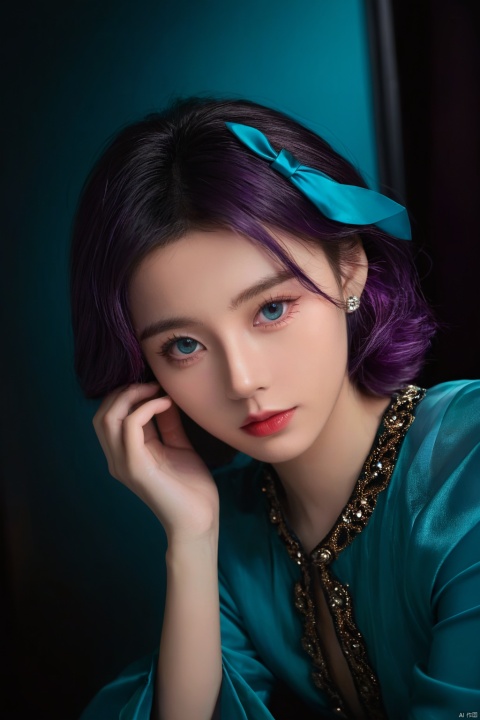 (RAW photo, Best quality), (Realistic, photo-realistic:1.2), 1girll, High quality, (highdetailskin:1.4), Puffy eyes, ornate hair,  Teal and purple cinematic lighting,(Dark room:1.3), (rim lit:1.3), (Dimly lit:1.3), (Dark night:1.3), Indoors, Portrait, Black hair, Dark background, Short hair,Light-colored clothes,Photo pose,hubg_beauty_girl, hubg_jsnh