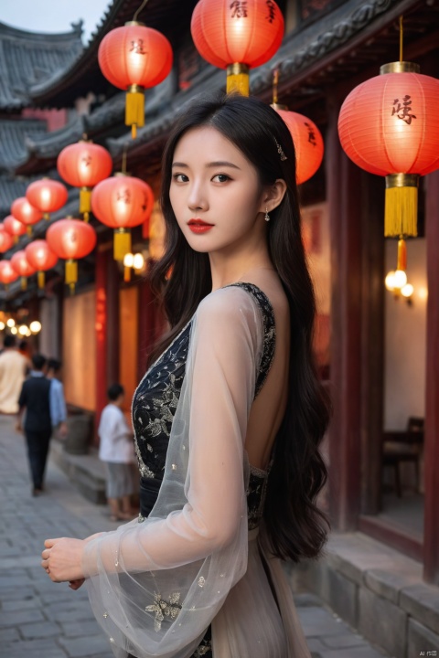 (ultra realistic,best quality),photorealistic,Extremely Realistic, in depth, cinematic light,hubggirl,

26yo girl, long flowing black hair, wearing an elegant evening gown, standing in an ancient Chinese town during a lantern festival, surrounded by softly glowing lanterns and historic architecture, looking back over her shoulder with a serene expression, the atmosphere is mystical and poetic, capturing the essence of the verse "众里寻他千百度,蓦然回首,那人却在,灯火阑珊处。",

dynamic poses,particle effects,
perfect hands,perfect lighting,vibrant colors,
intricate details,high detailed skin,intricate background,
realism,raw,analog,taken by Sony Alpha 7R IV,Zeiss Otus 85mm F1.4,ISO 100 Shutter Speed 1/400,
